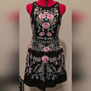 Gianni Bini Black Beaded Dress with Pink and Blue Embroidery
